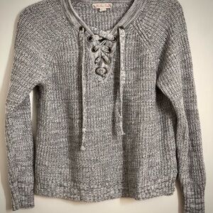 Gray Knit Sweater with Lace-Up Detail